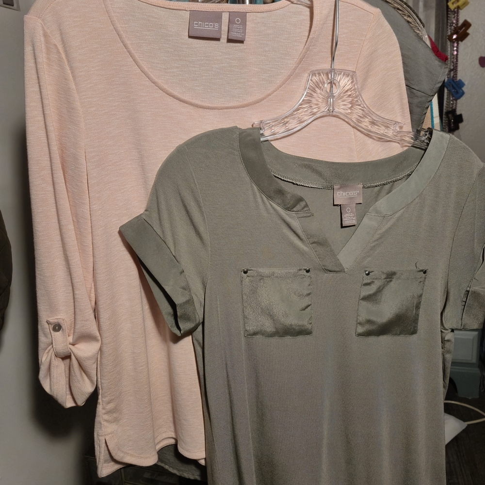 2 Chico's Sz 0 Women’s Tops Olive Green V-Neck & Salmon 3/4 Sleeve Boatneck